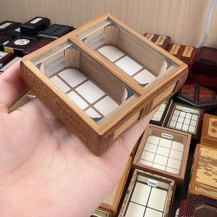 老竹浮雕内嵌地板双格竹蛉盒