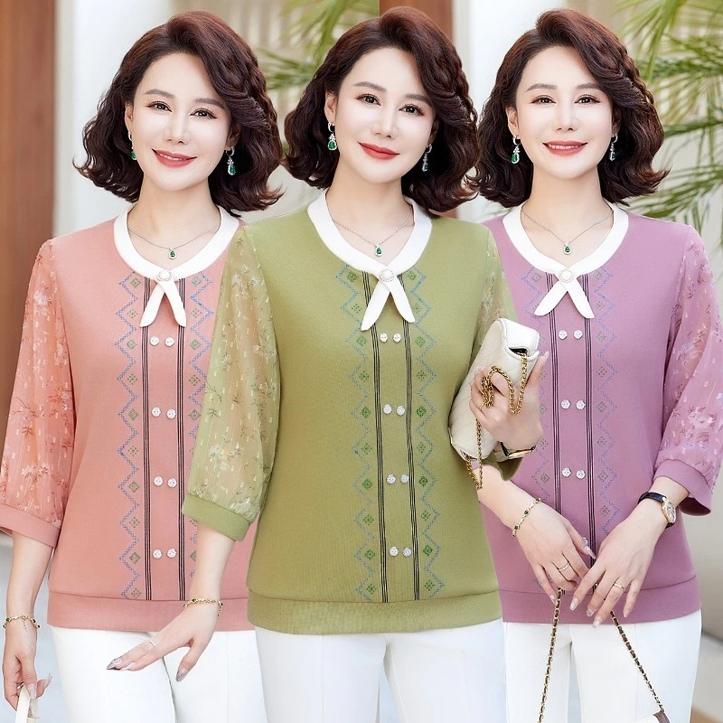 中老年女装气质打底衫妈妈装春夏季中袖小衫中年女士宽松T恤上衣