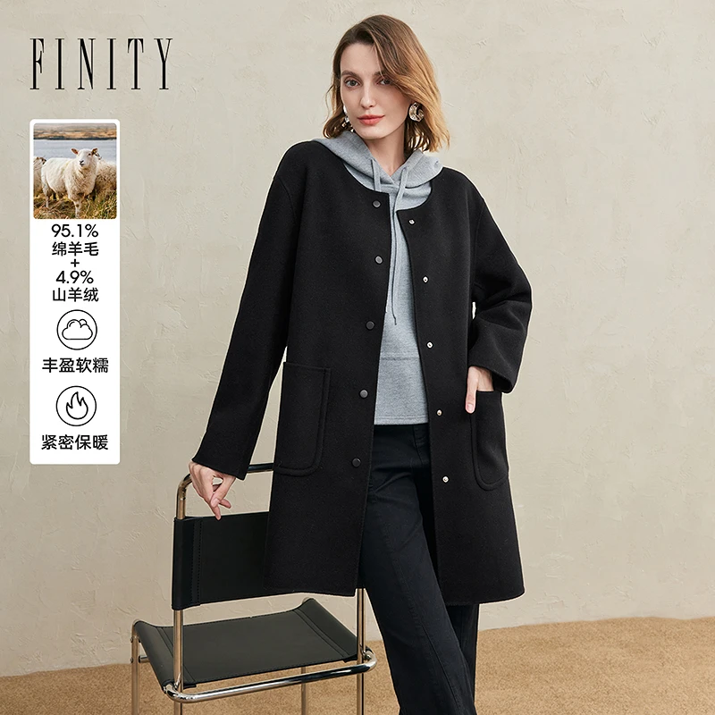 FINITY 毛呢外套时尚连帽宽松中长款保暖秋冬绵羊毛 F21YAB02D3
