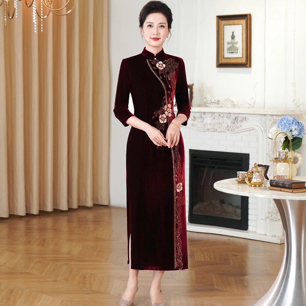 高端婚礼喜妈妈晚礼服高档洋气金丝绒旗袍喜婆婆婚宴装高贵年轻