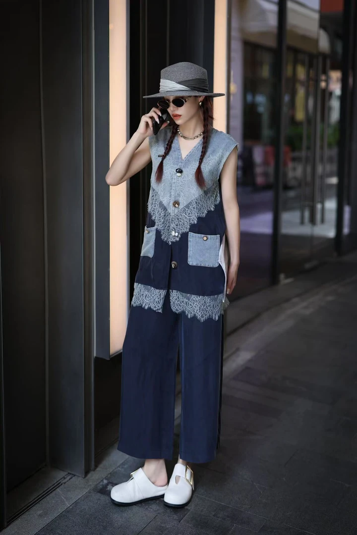 【BAI】蕾丝拼接牛仔马甲套装女休闲阔腿裤两件套002