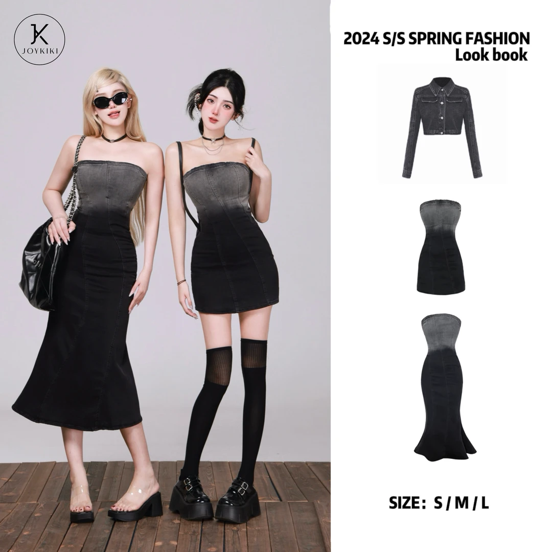 【JOYKIKI 清清!】【怦然心动】辣妹牛仔渐变紧身抹胸连衣裙 J23D215