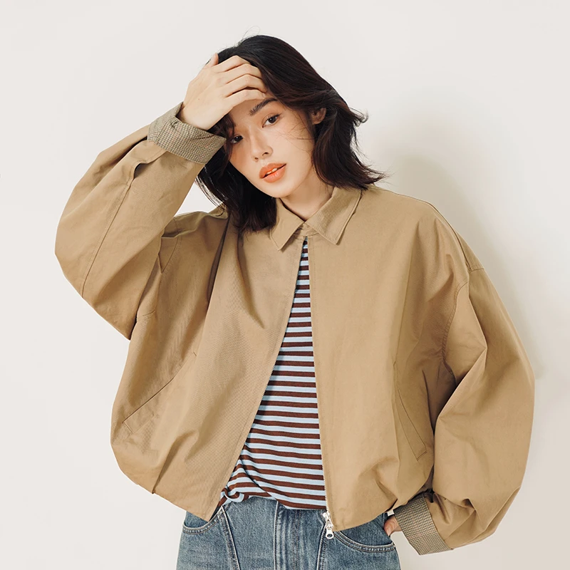 夹克外套秋新款女装纯色拉链开衫洋气尚外搭休闲翻领短外套宽松