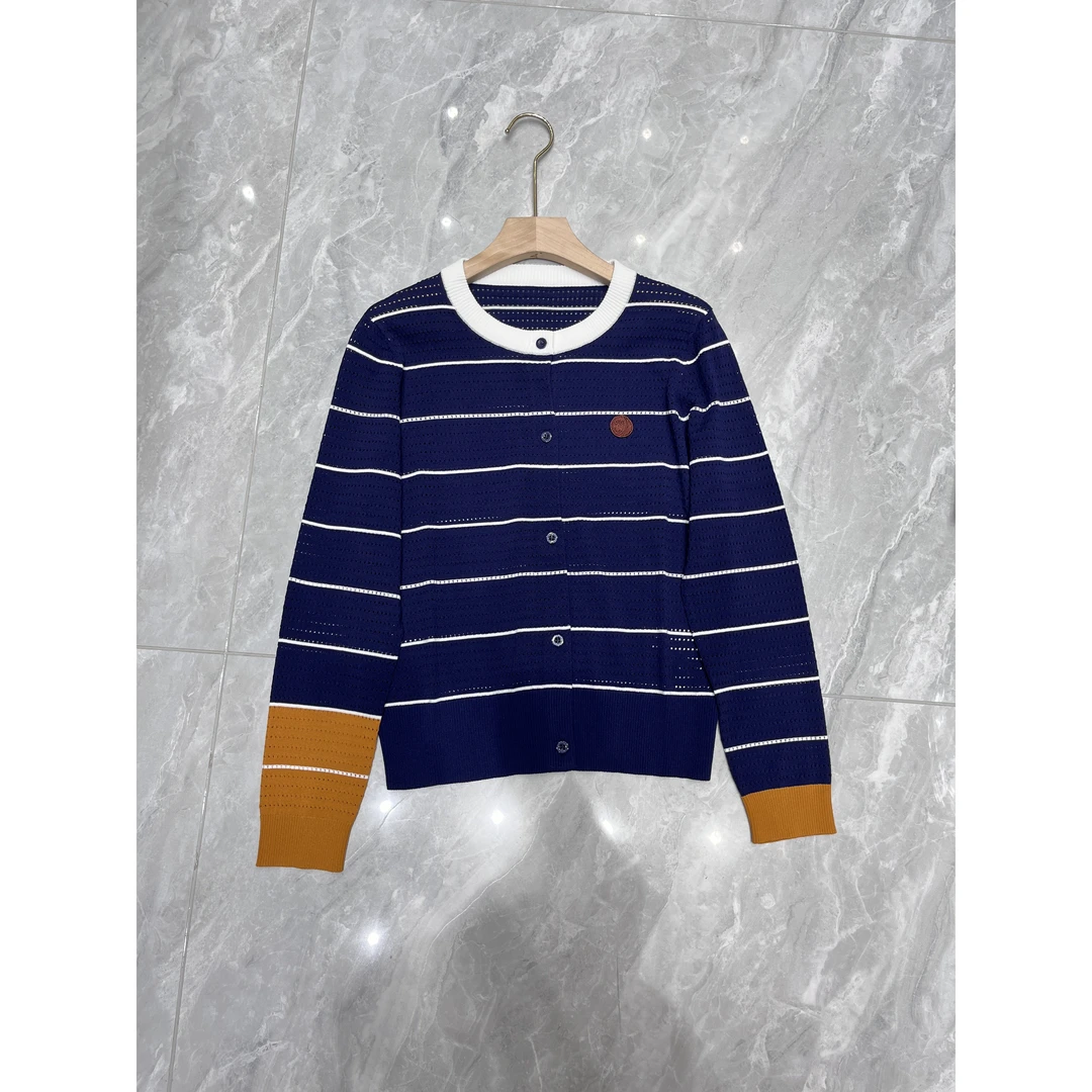 【小黑家】长57高端撞色条纹小刺绣镂空钩花百搭针织开衫