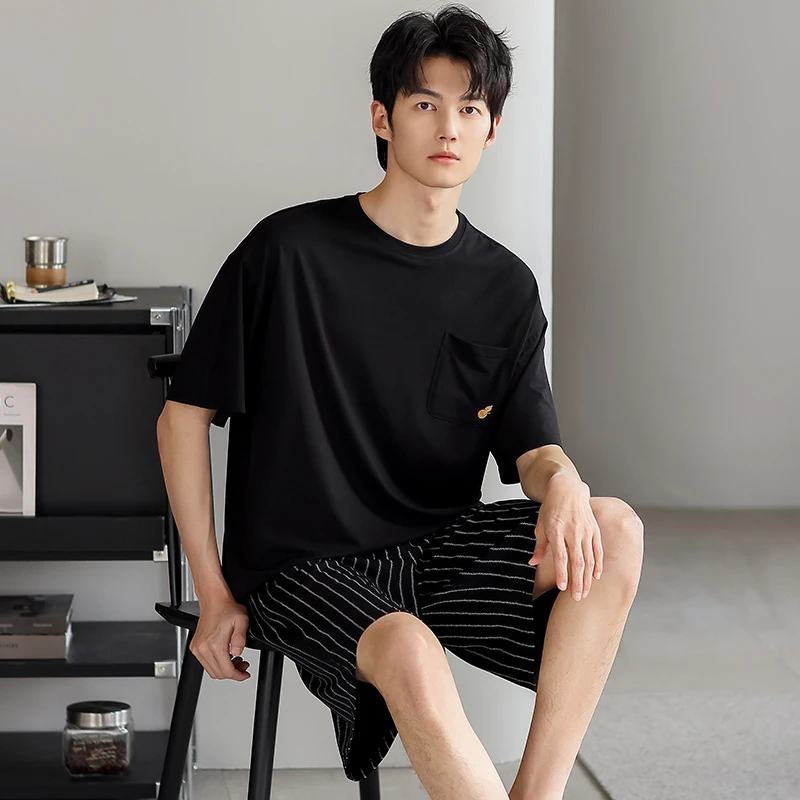 可外穿睡衣男士25新款夏季冰丝莫代尔短袖薄款夏天黑色家居服套装