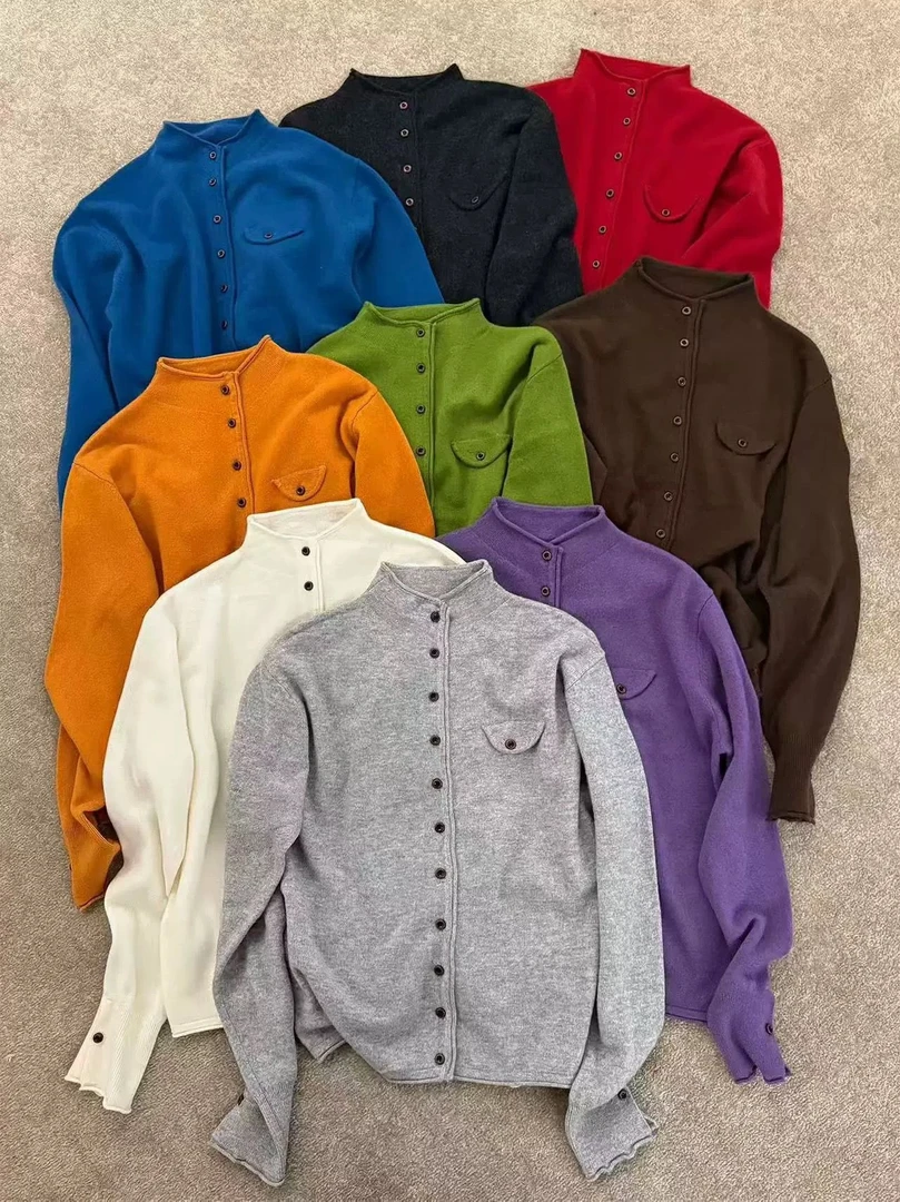 欧货2025早秋立领单排扣口袋针织开衫女休闲上衣毛衣外套