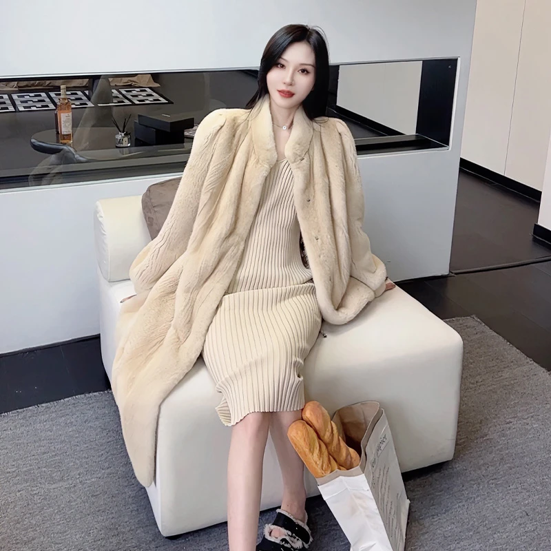 2503 DOU水貂进口整貂小立领公主肩长款貂皮大衣女皮草外套