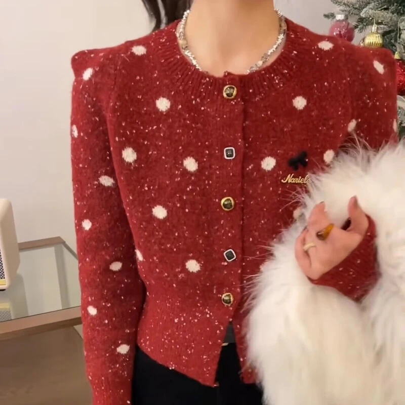 红色新年加厚针织开衫春秋季新款女慵懒风单排扣高级外搭毛衣外套