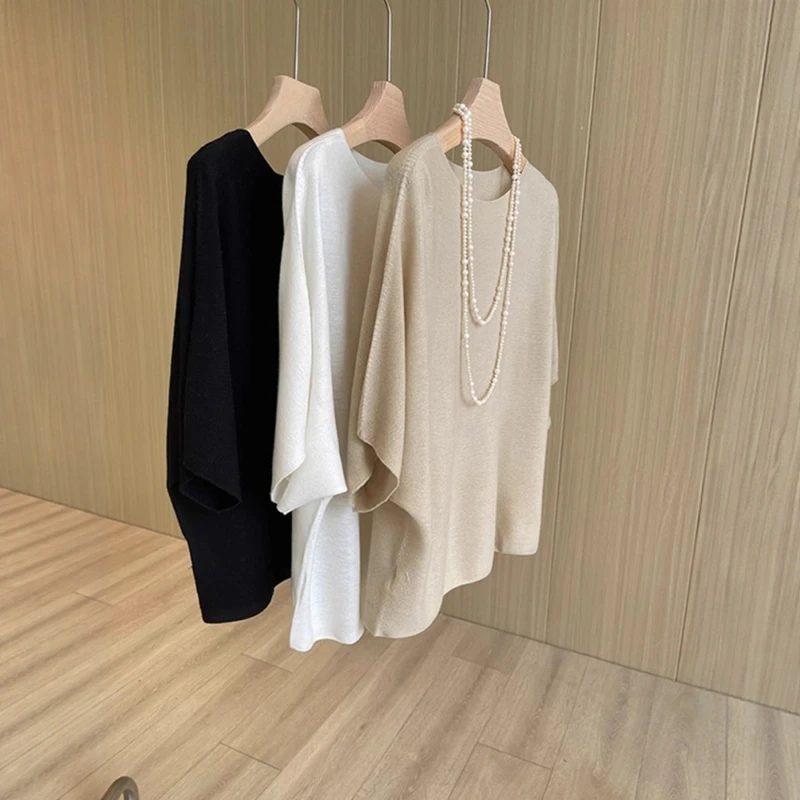 法式冰丝针织短袖T恤女夏季薄款百搭慵懒风气质宽松显瘦半袖上衣