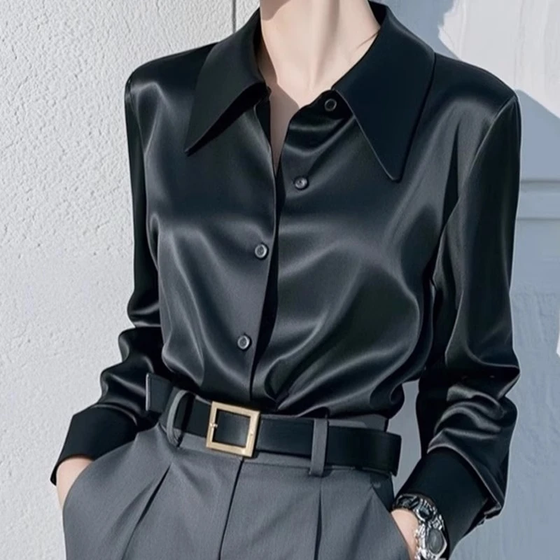 黑色缎面衬衫女春秋季2025新款百搭职业衬衣时尚气质显瘦内搭上衣