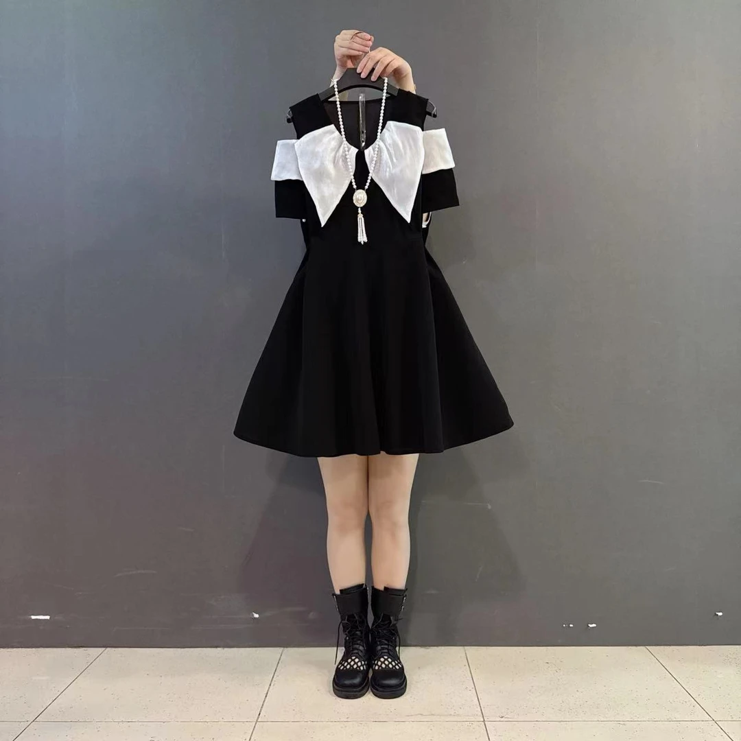 大码新款漏肩蝴蝶结设计撞色赫本风小众名媛连衣裙