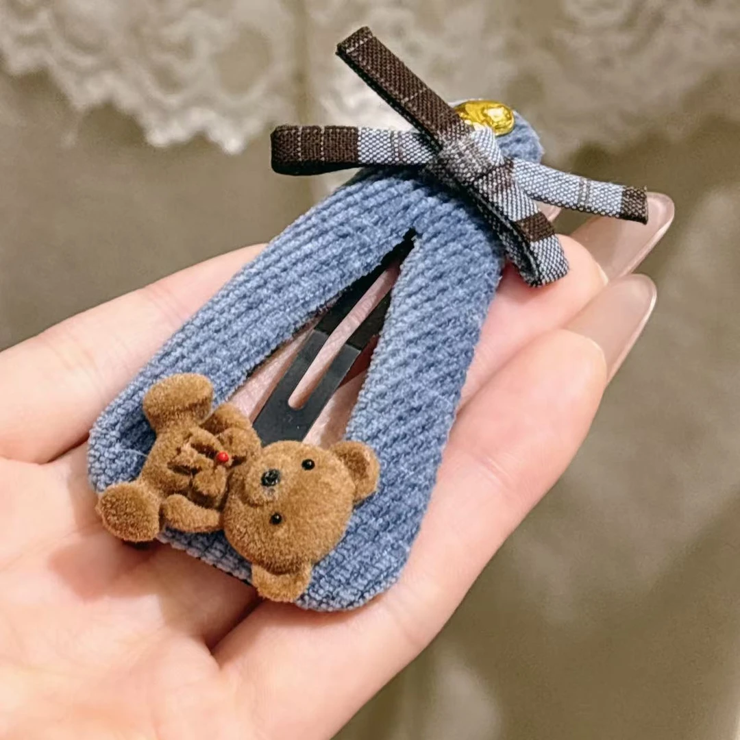 布艺牛仔植绒小熊蝴蝶结发夹