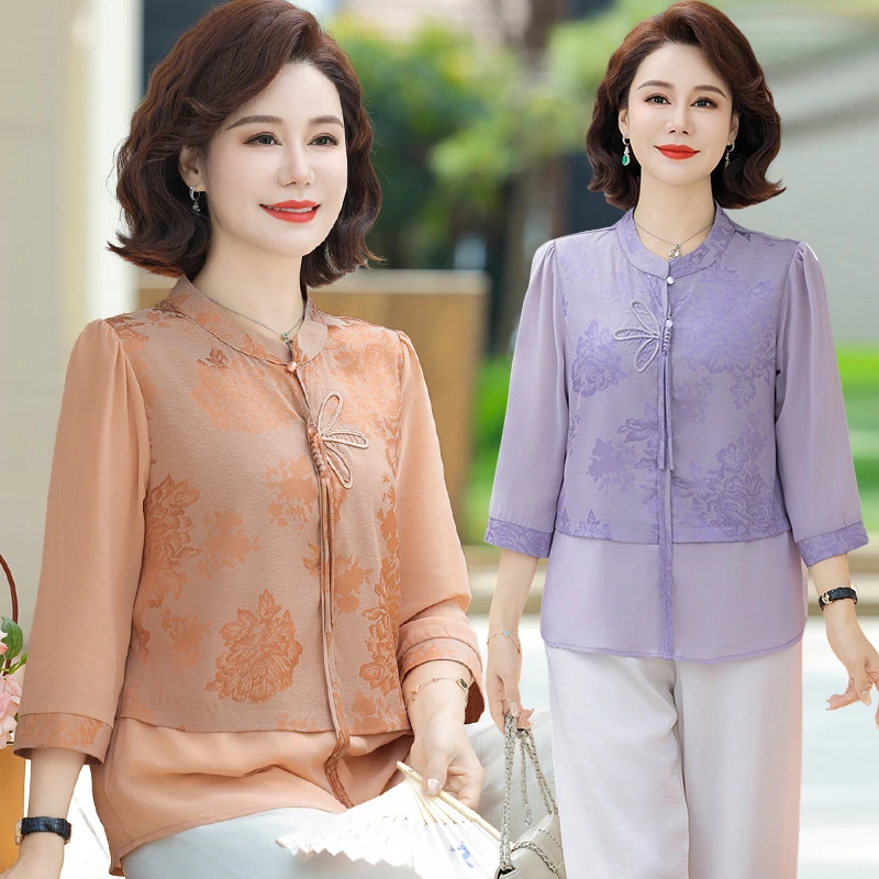 中年妈妈夏装国风衬衫t恤两件套2025新款洋气中老年女装衬衣套装
