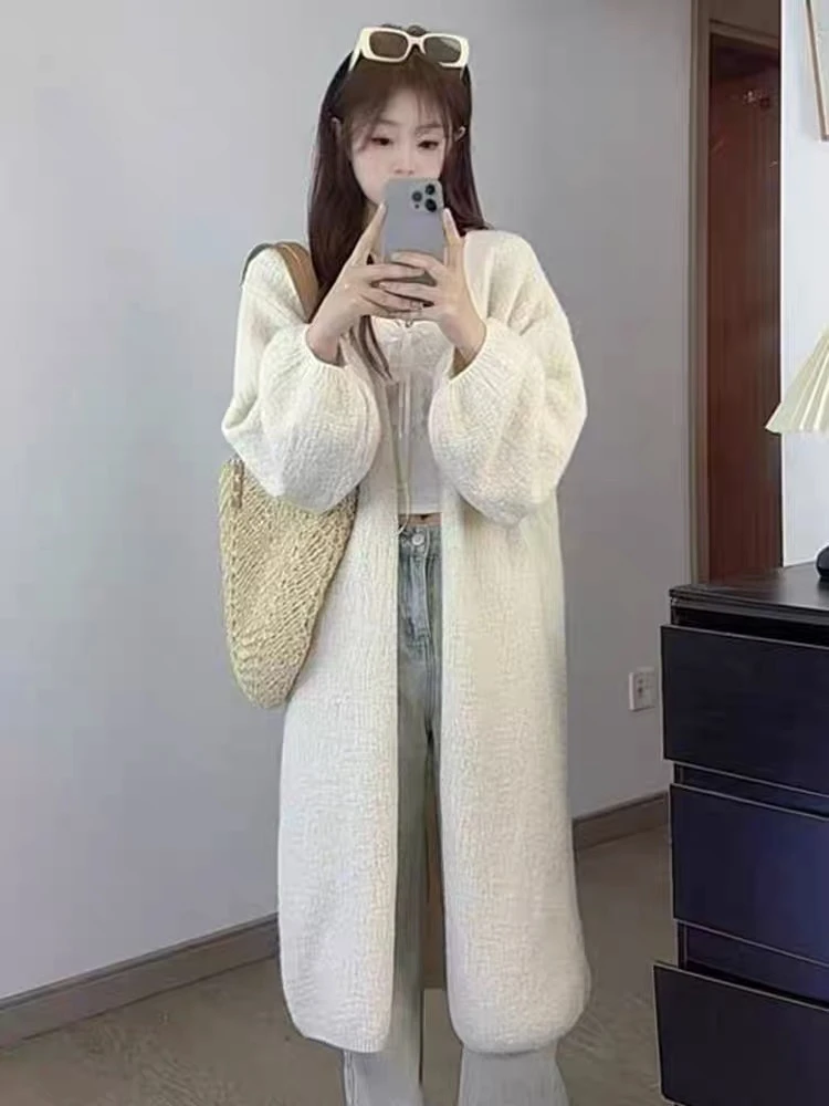 慵懒风树皮工艺针织中长款毛衣开衫女2025秋冬宽松灯笼袖过膝外套