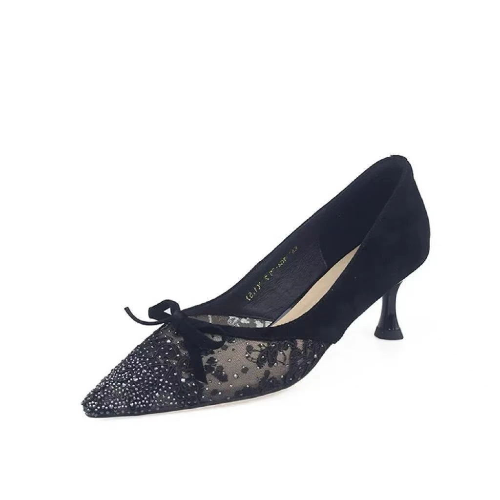 C3975 黑色 夏季高端尖头气质细跟透气浅口女单鞋