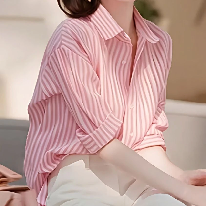 法式设计上衣绝美高级粉色气质长袖条纹衬衫灯笼2025时尚潮流百搭