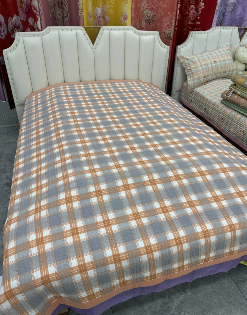 （橘灰格）小细斜纹床盖尺寸200×230A＋多功能绗缝双面可用