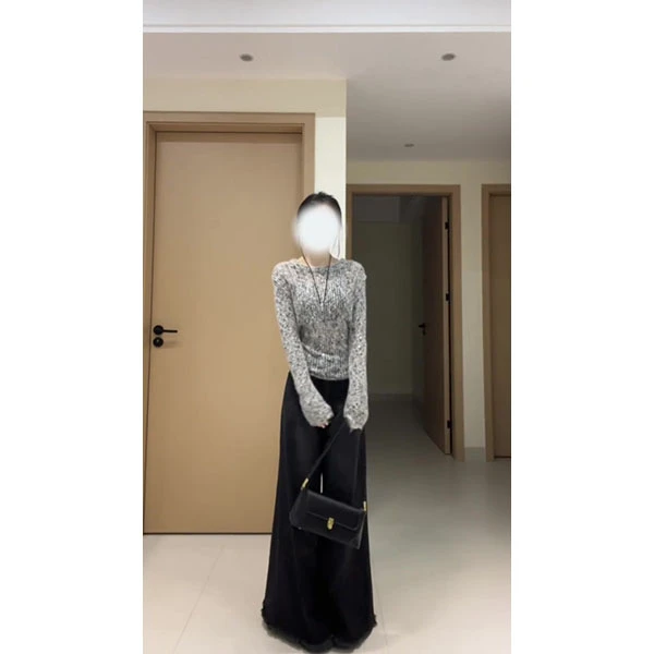 (现货)后背绑带镂空针织衫女法式慵懒风长袖短款上衣长裤套装