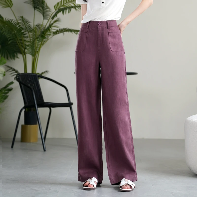 天丝亚麻裤子女夏季2025爆款棉麻高腰直筒窄版遮肉显瘦阔腿休闲裤