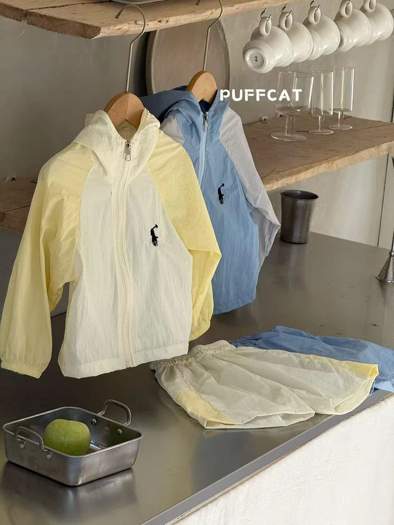 【夏季爆款】防紫外线撞色轻薄防晒运动风连帽男女童速干防晒套装