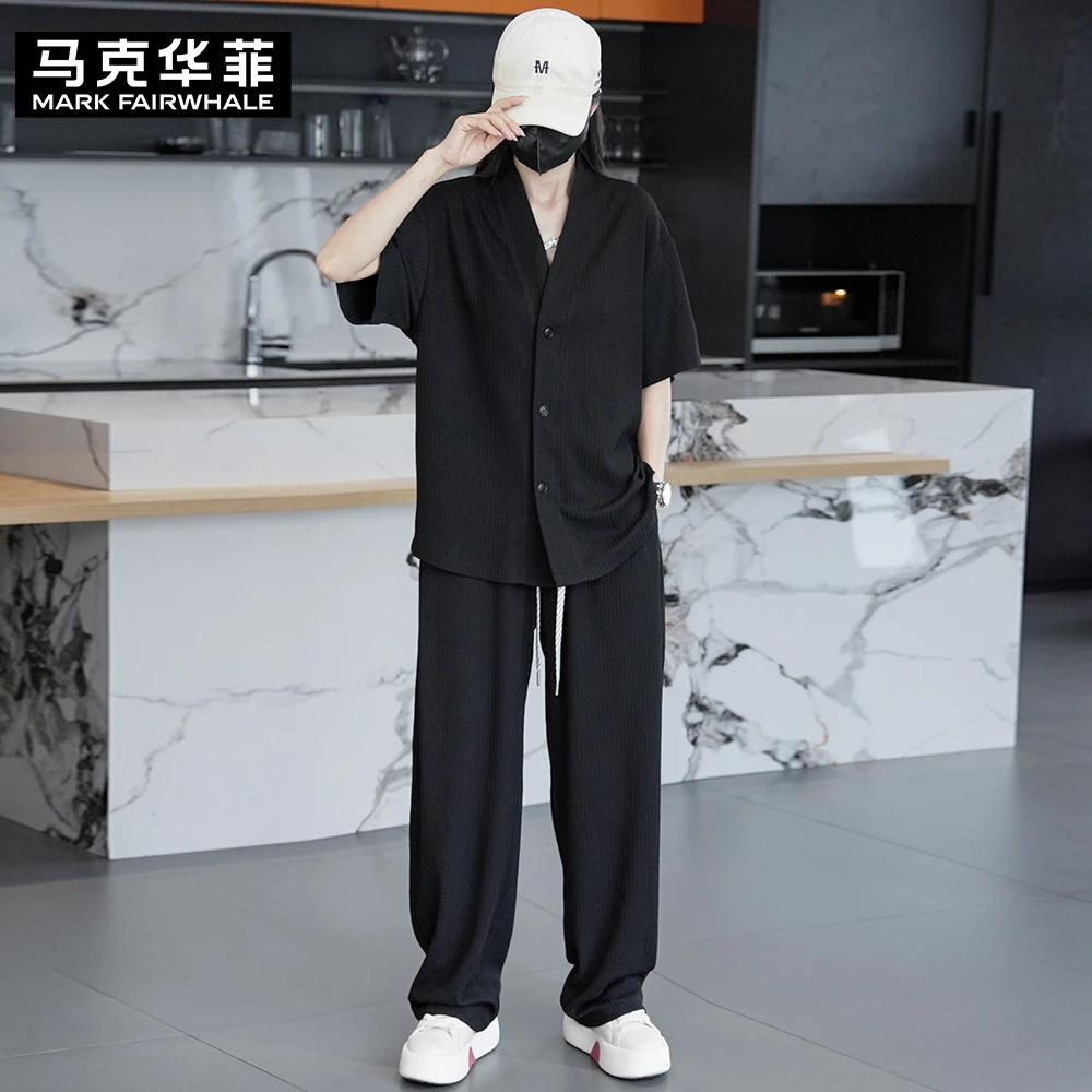 MARK FAIRWHALE/马克华菲2025夏日穿搭V领T恤长裤短袖休闲男套装