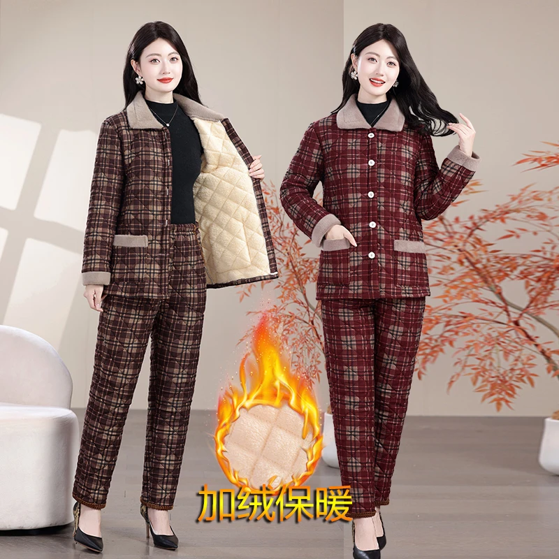 冬季洋气格子棉衣棉裤套装女士妈妈装时尚加绒加厚保暖棉袄两件套