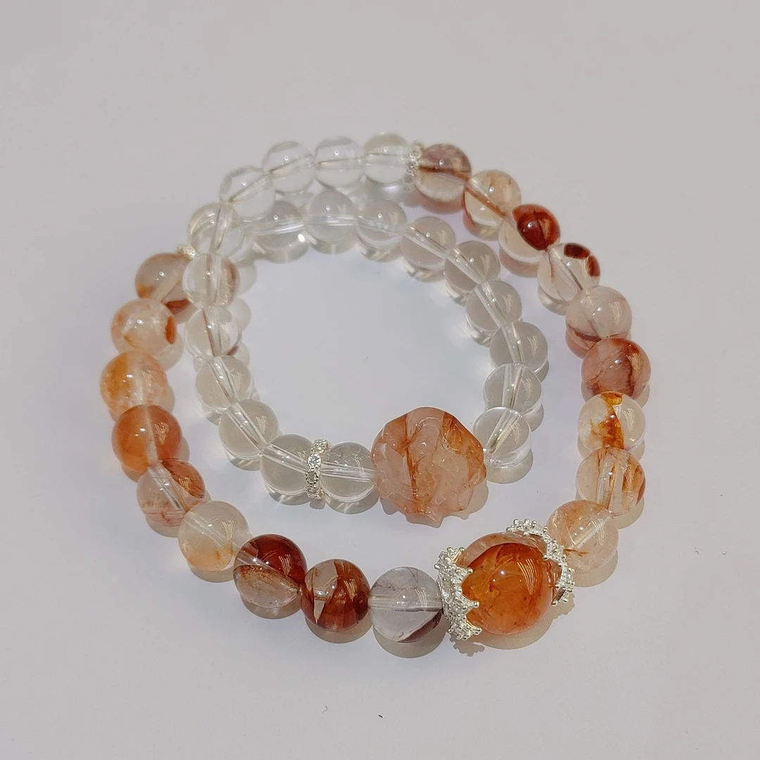 胶花圆珠约9.5mm+13mm搭白水晶圆珠DIY银配件手串