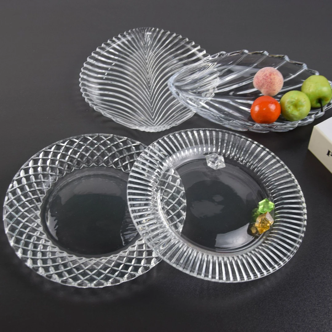 玻璃水果盘透明欧式酒店果盆客厅家用树叶玻璃碟条纹格纹糖果盘子