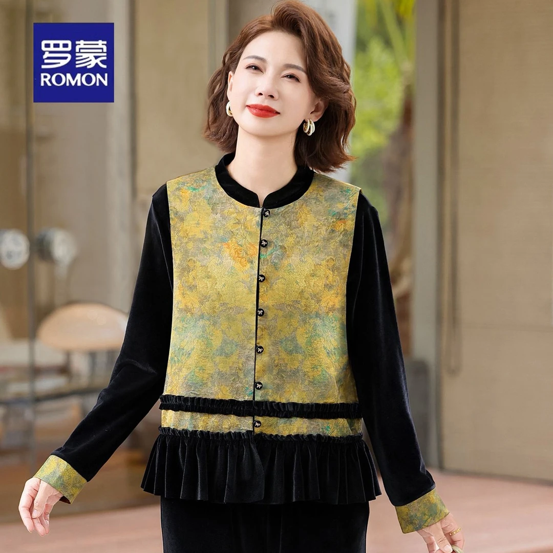 罗蒙妈妈秋装套装新中式国风马甲2025新款中老年女春秋金丝绒小衫