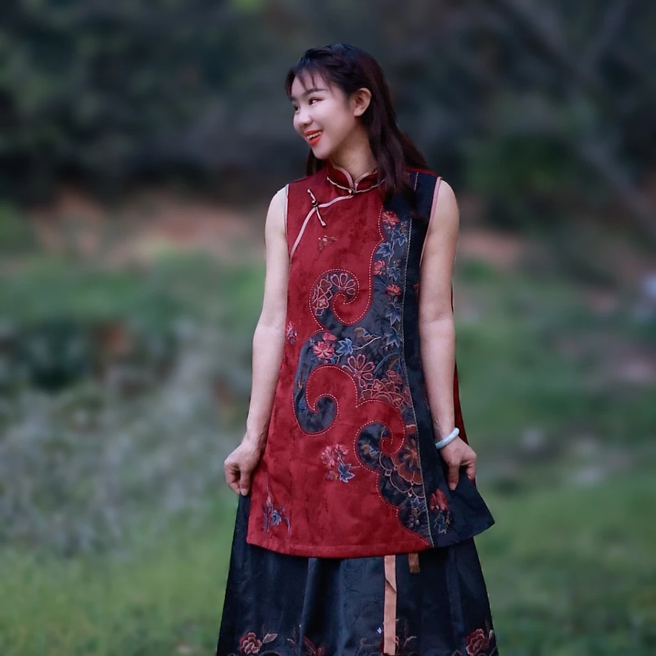【赤华引】千椿物喜原创中式文艺复古民族风刺绣立领盘扣马甲背心