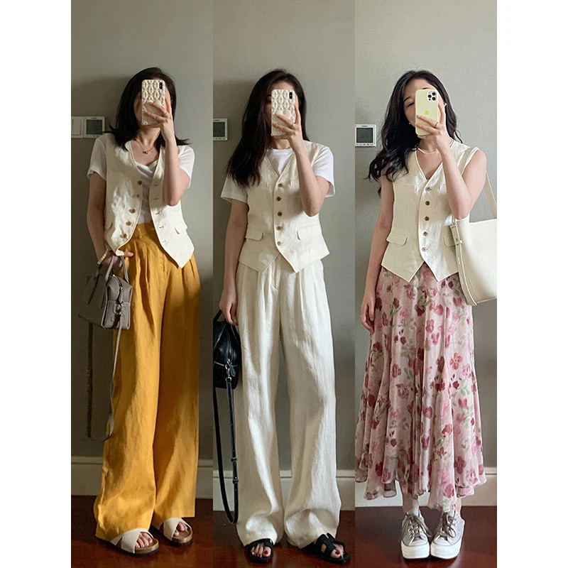 【现货款】花总吖【老钱风套装】时尚复古亚麻套装马甲+裤子RA353606