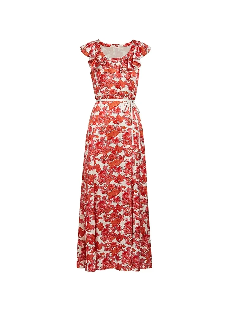 新款夏季无袖印花长裙荷叶边收腰设计尽显气质