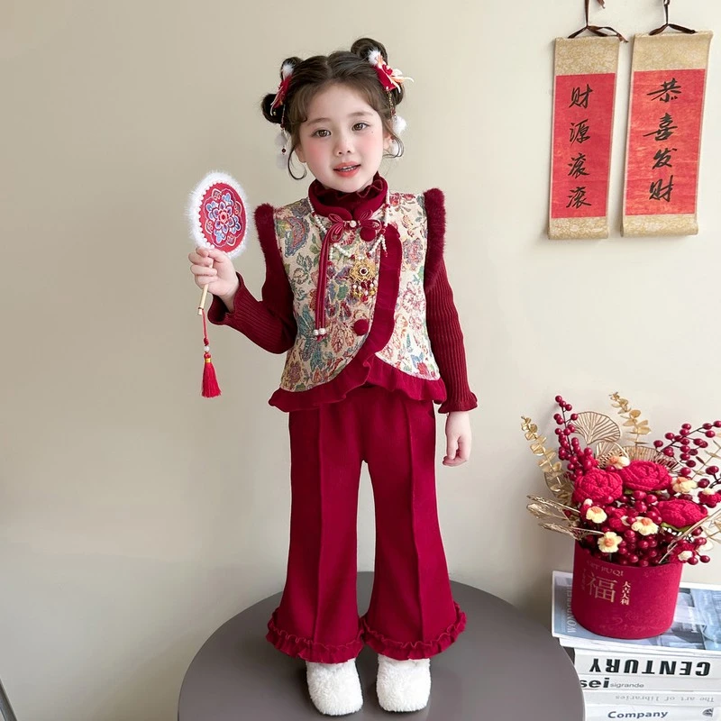【新疆包邮】女童国风套装秋冬季2025新款儿童过年服女宝宝冬装红
