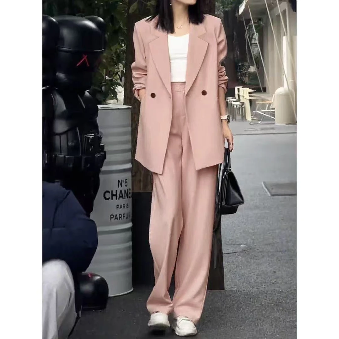 春秋都市风纯色西装减龄春秋气质大码粉色西装套装女装阔腿裤西服