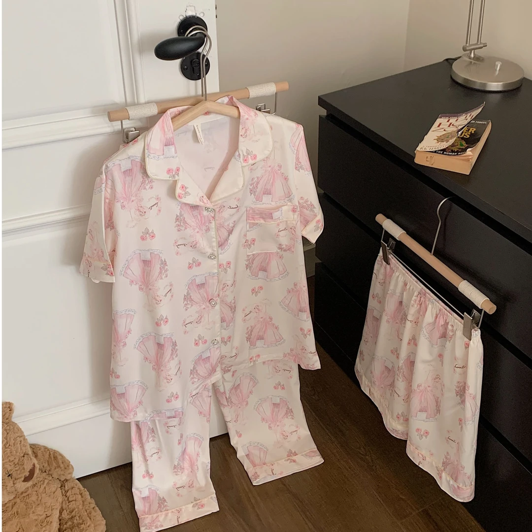 2025年新款三件套春秋夏季可外穿长袖睡衣女款冰丝短袖长裤家居服
