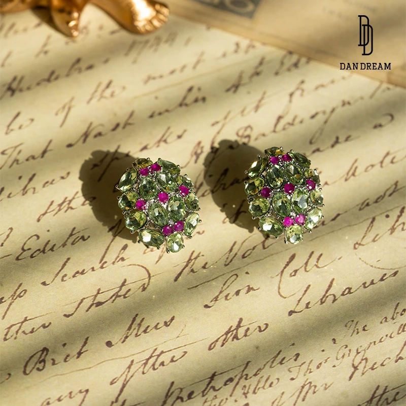 DANDREAM 铜合金琉璃耳饰 繁花耳钉耳夹中古轻奢小众设计感无耳洞