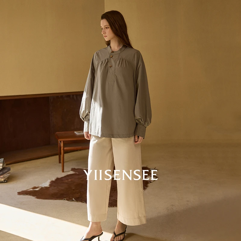 YIISENSEE逸识【自在轻装】春季新品衬衫宽松半系扣捏褶百搭衬衣