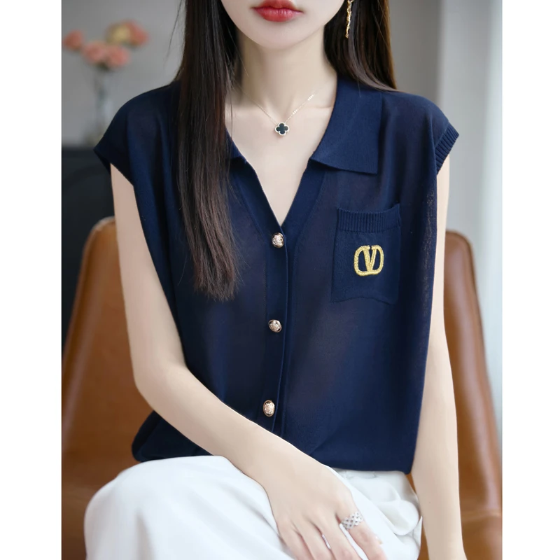 小香风时尚气质翻领无袖针织背心百搭高级感天丝亚麻T恤polo上衣