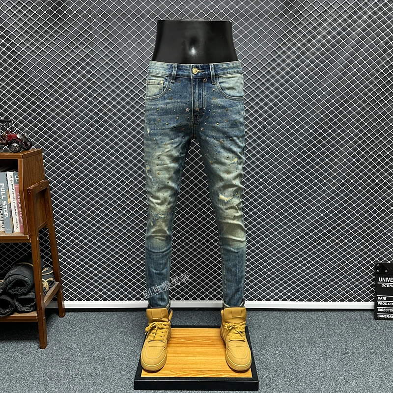 秋冬新款男士烫钻牛仔裤水洗复古修身小脚弹力假破洞痞帅潮男裤子