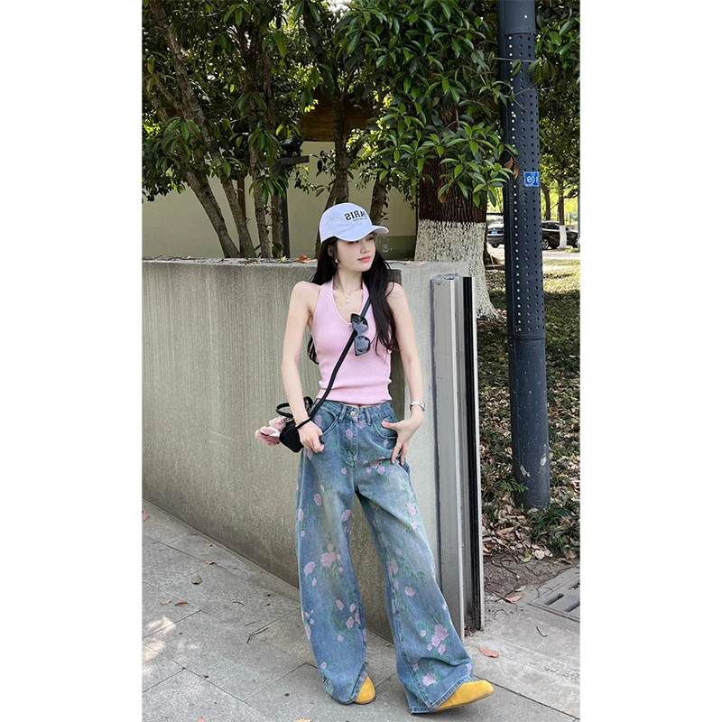 辣妹甜美粉色背心气质设计感性感上衣百搭显瘦印花小众直筒长裤女