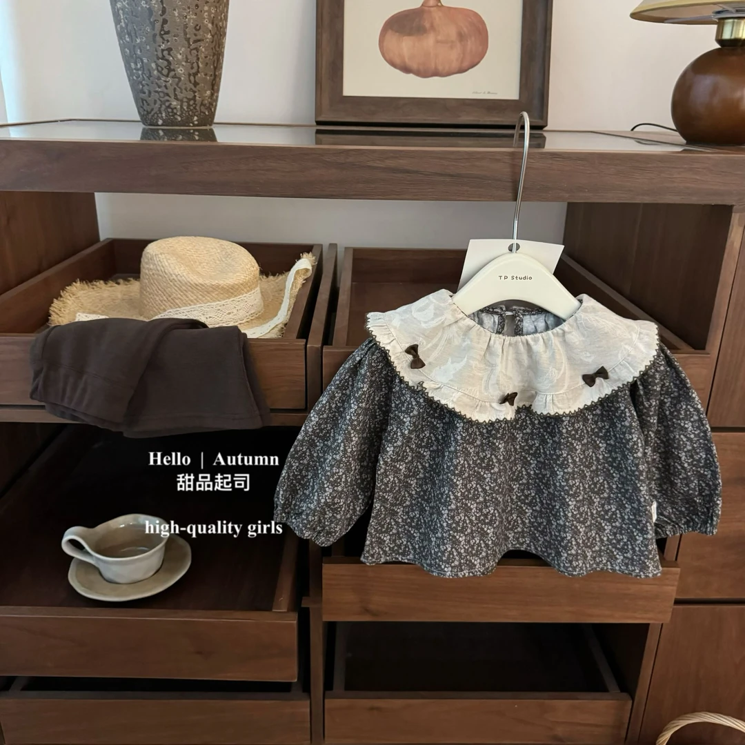 【甜品起司】可可奶咖！女宝宝韩系碎花荷叶领衬衫微喇裤洋气套装