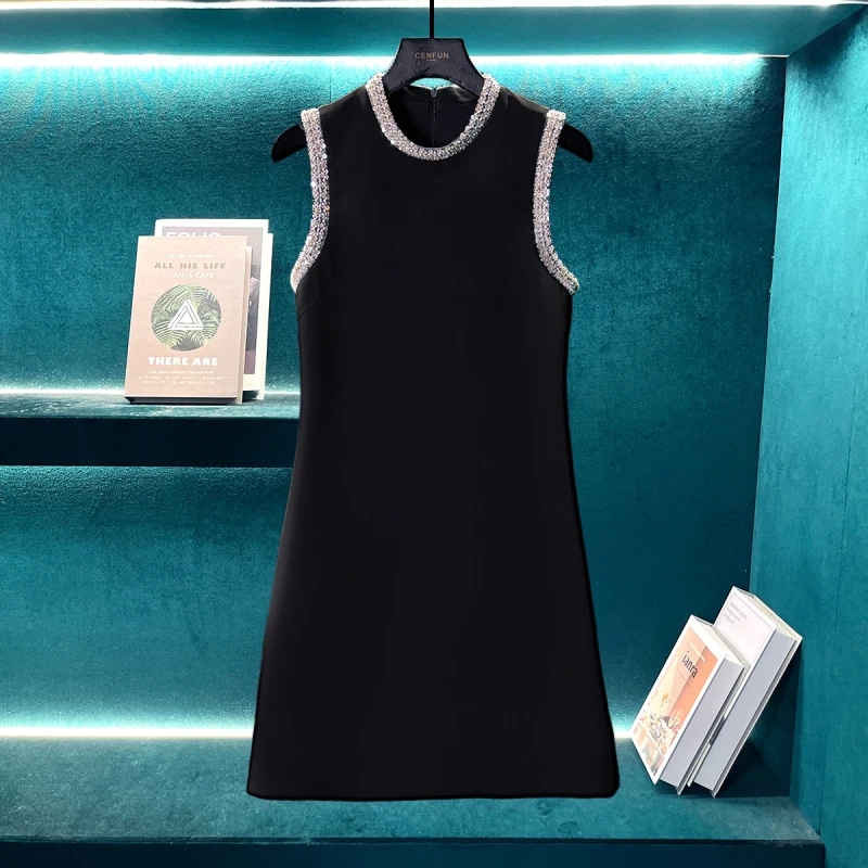 2025新款黑色带钻简约大气无袖连衣裙E001223