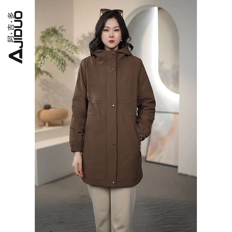 阿吉多中长款连帽棉服2025年新款女冬季长袖高端韩版保暖时尚外套