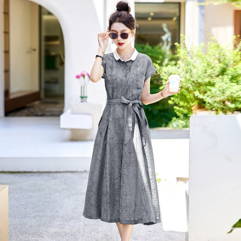 新中式国风提花连衣裙女夏季轻奢高级感奢华收腰气质显瘦衬衫裙子