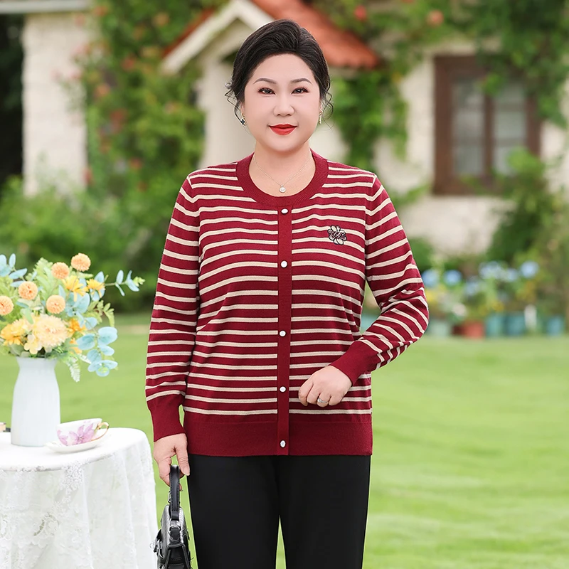 秋季大码针织衫毛衫休闲气质时尚减龄条纹长袖衫中老年妈妈装上衣