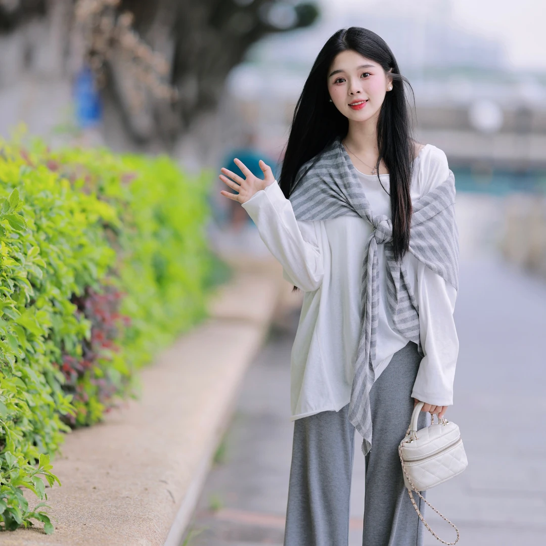 小文【欧尼酱】夏季新款韩版慵懒风长袖T恤条纹披肩微喇裤套装高级