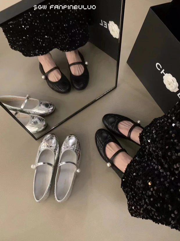 136-3小香风玛丽珍珍珠芭蕾舞鞋真皮单鞋一脚蹬一字带平底鞋女A11