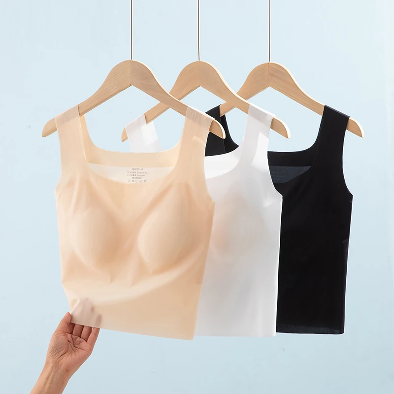 吊带小背心女带胸垫薄款内搭冰丝内衣夏季防走光文胸一体白色