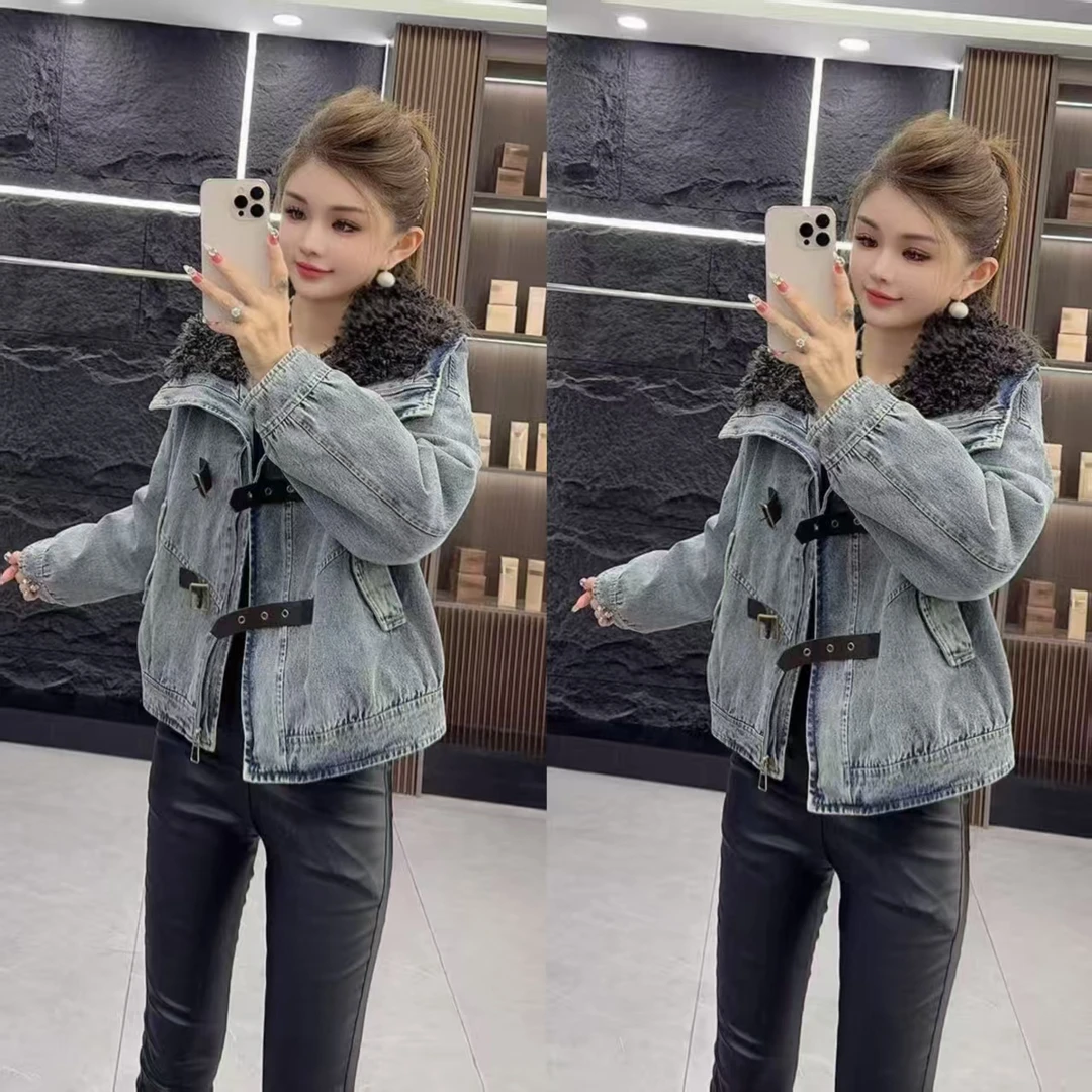 秋冬5091 加绒加厚保暖绒翻领拼皮扣时尚牛仔外套上衣