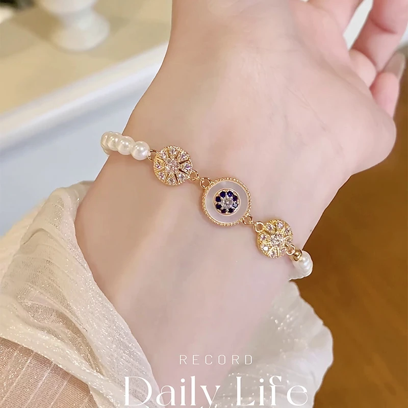 铜合金仿珍珠手链 珍珠手链轻奢锆石手串冷淡风几何圆形手串手饰